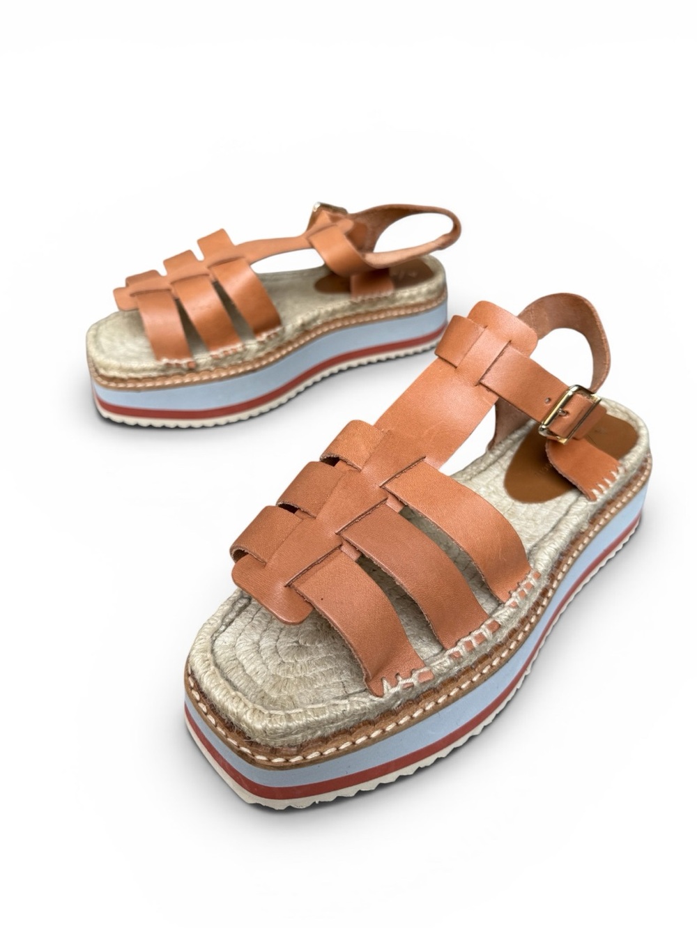 Anthropologie Sporty Platform Sandals in Honey Tan Brown Leather / Raffia size 9 - Picture 5 of 11